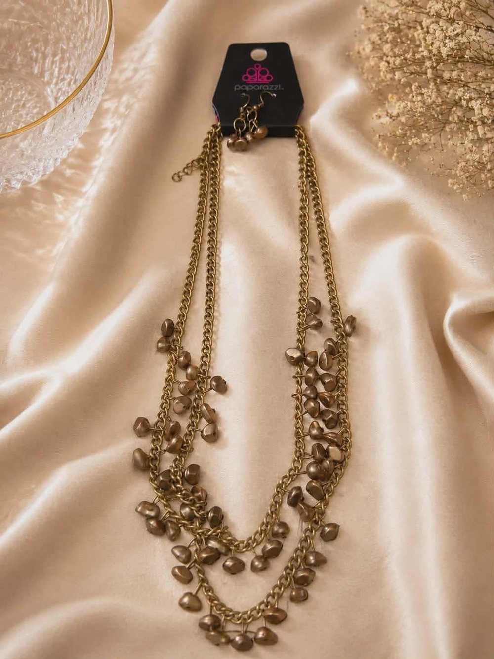 paparazzi Gold-Tone Triple Strand Bead Drop Necklace